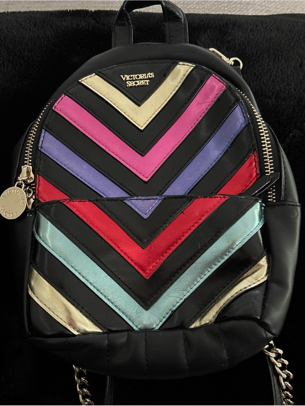 Victoria's Secret Black Mini Backpack with Multicolor Chevron Panels